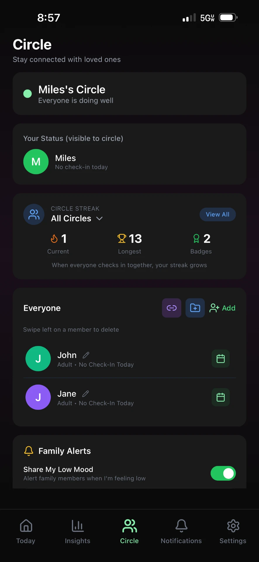 Wellnest Circle screen showing family members, shared status and circle streak