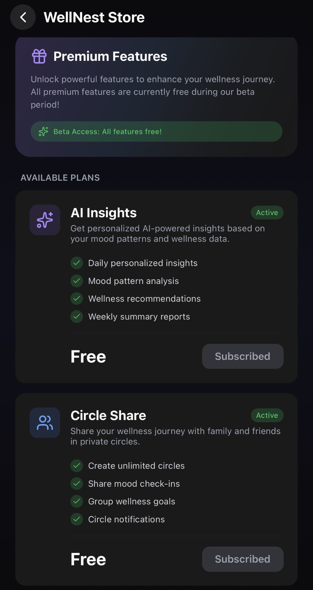 Wellnest store screen listing AI Insights and Circle Share plans, free during beta