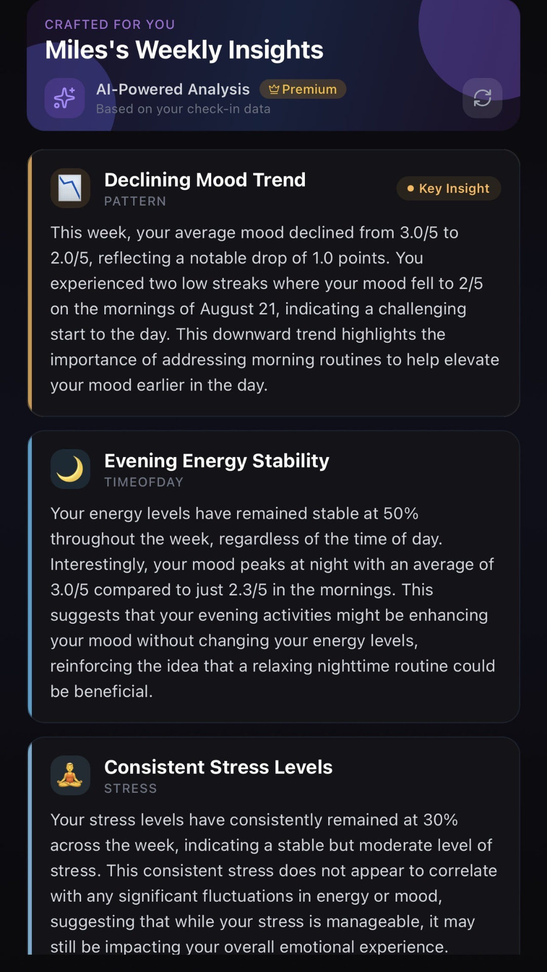 Wellnest AI-powered weekly insights cards describing mood, energy and stress patterns