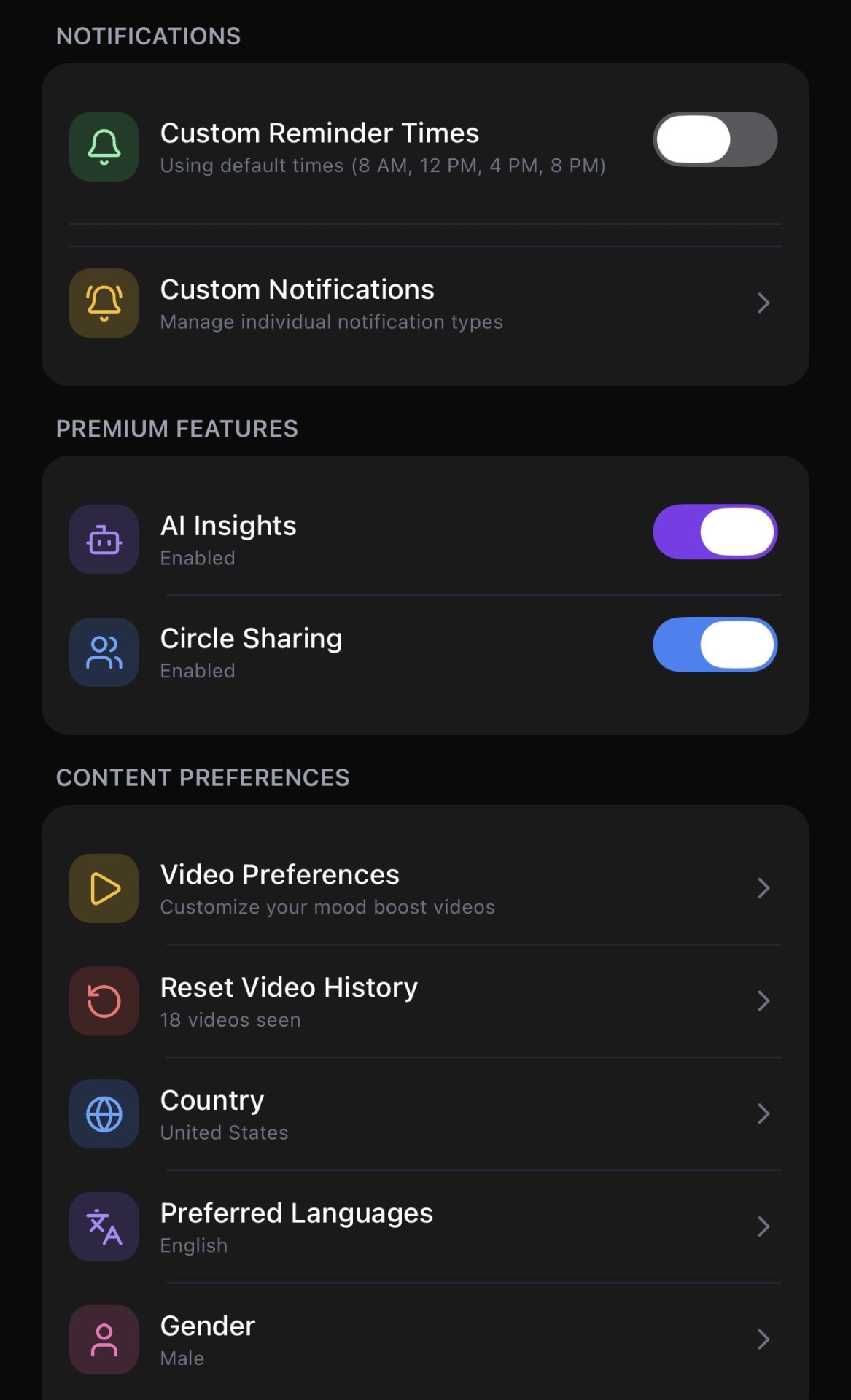 Wellnest settings screen with reminder times, AI insights, circle sharing and content preferences