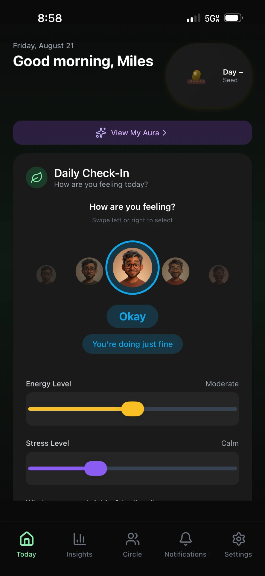 Wellnest daily check-in screen with mood selector, energy and stress sliders