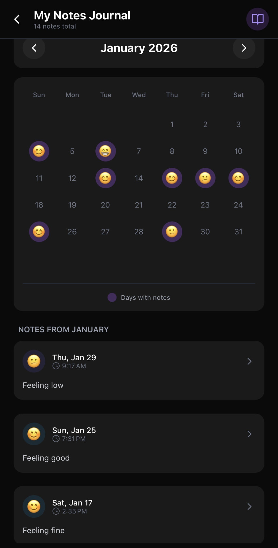 Wellnest notes journal with a monthly calendar of entries and recent written notes