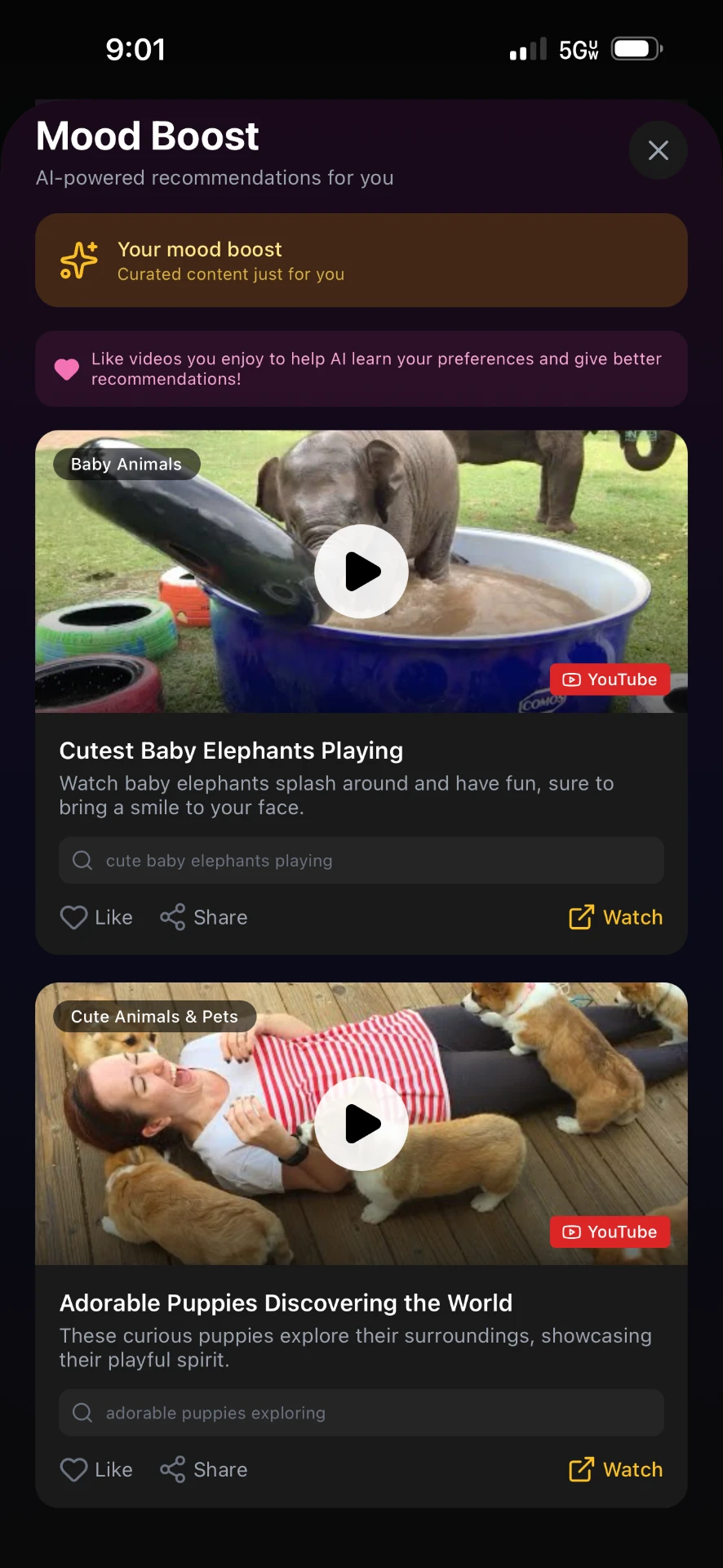 Wellnest Mood Boost screen with AI-recommended videos matched to your mood