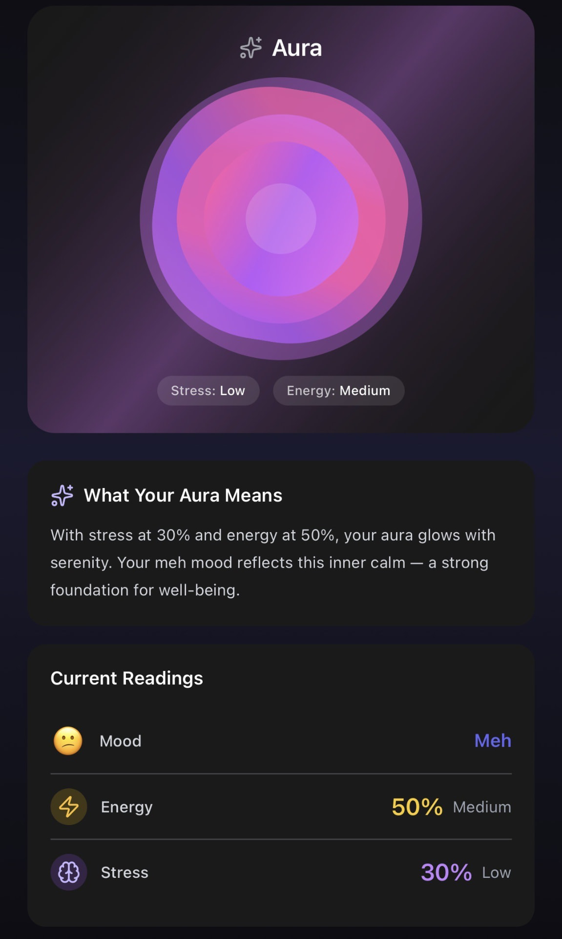 Wellnest Aura screen showing a glowing mood visual with stress and energy readings