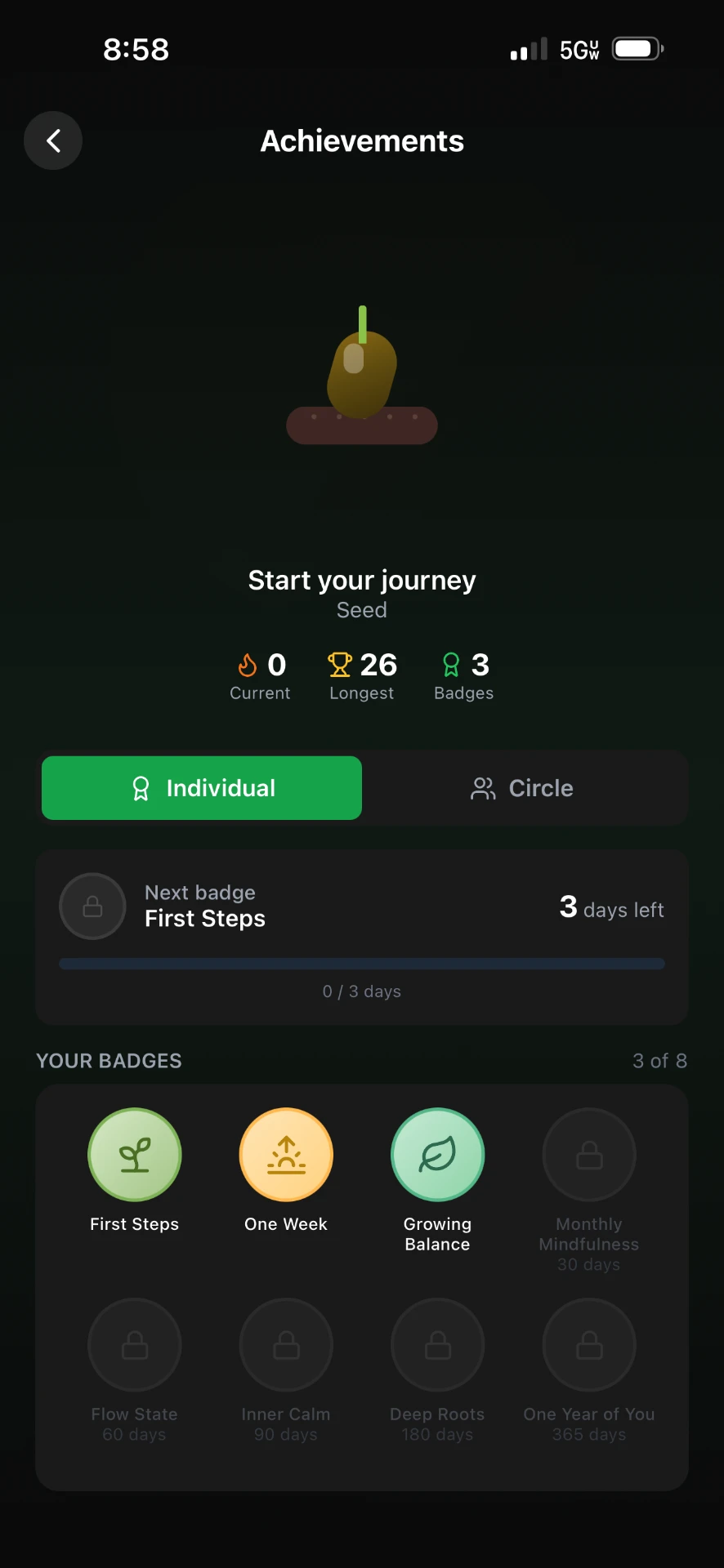 Wellnest achievements screen showing the growth stage, streaks and unlocked badges