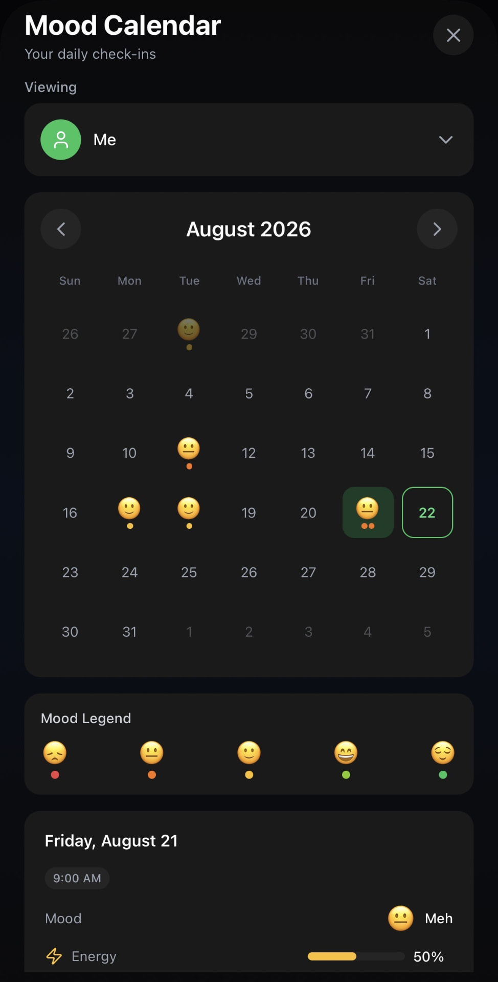 Wellnest mood calendar showing daily check-ins across the month with a mood legend